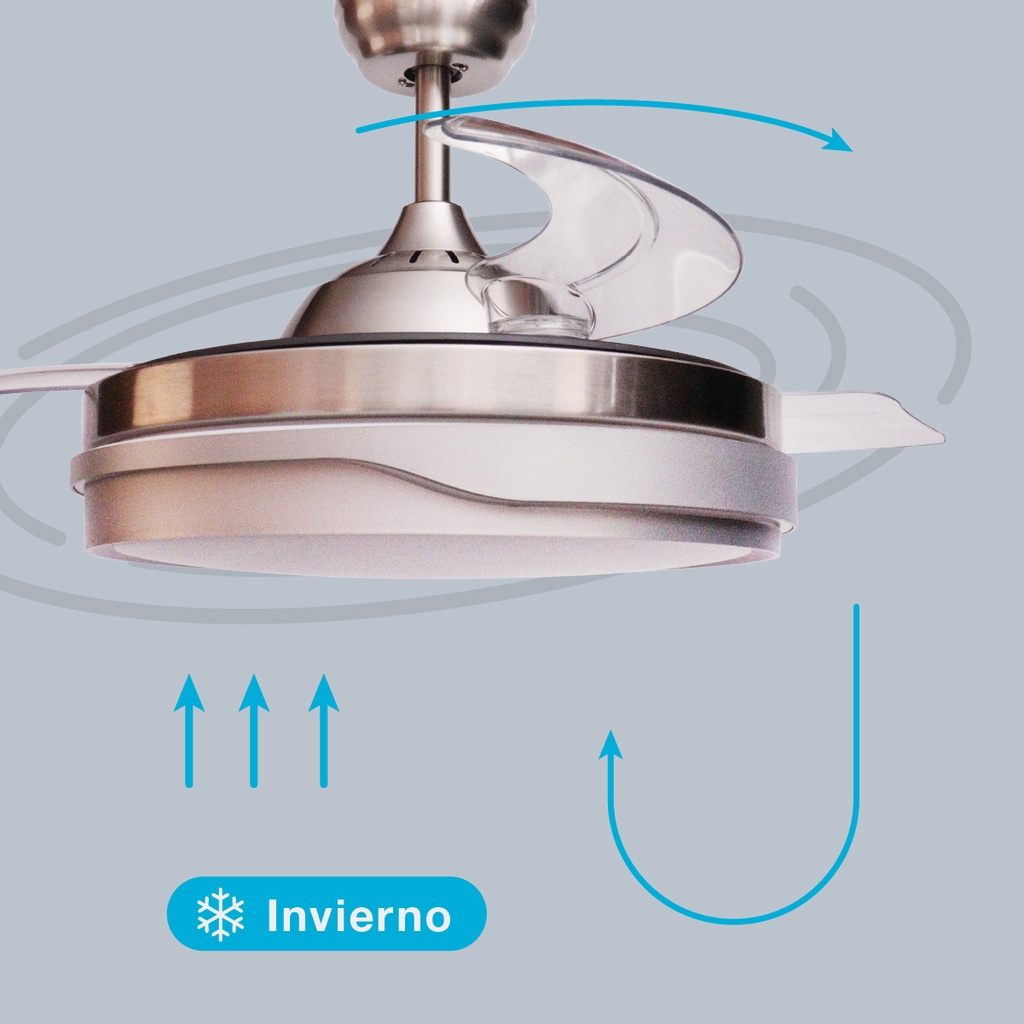 Ventilador techo Lentini con luz CCT regulable y mando Ø107 3 aspas retráctiles DC Níquel