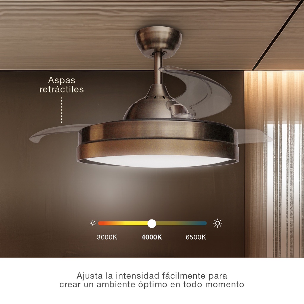 Ventilador techo Lugela con luz CCT regulable y mando Ø107 3 aspas retráctiles DC Dorado