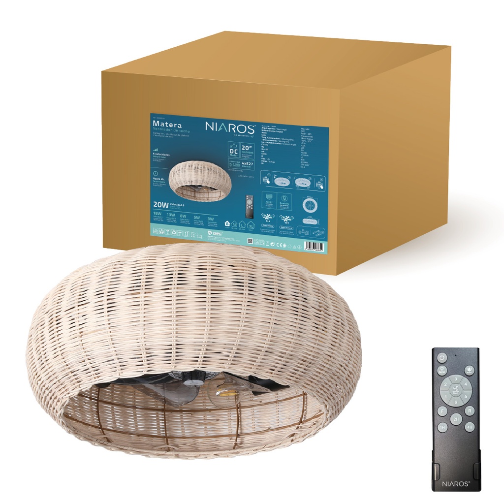 Ventilador techo Matera con mando 4xE27 Ø50 3 aspas DC Beige