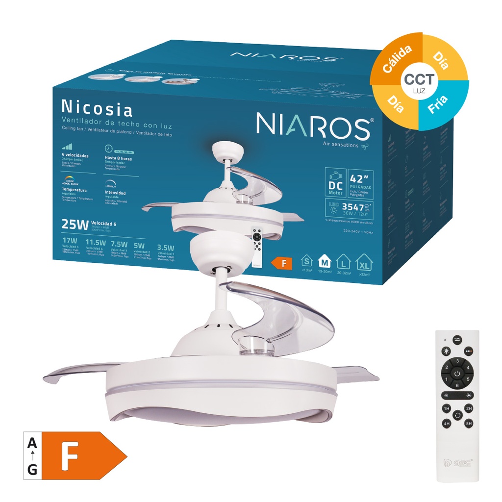 Ventilador techo Nicosia con luz CCT regulable y mando Ø107 3 aspas retráctiles DC Blanco