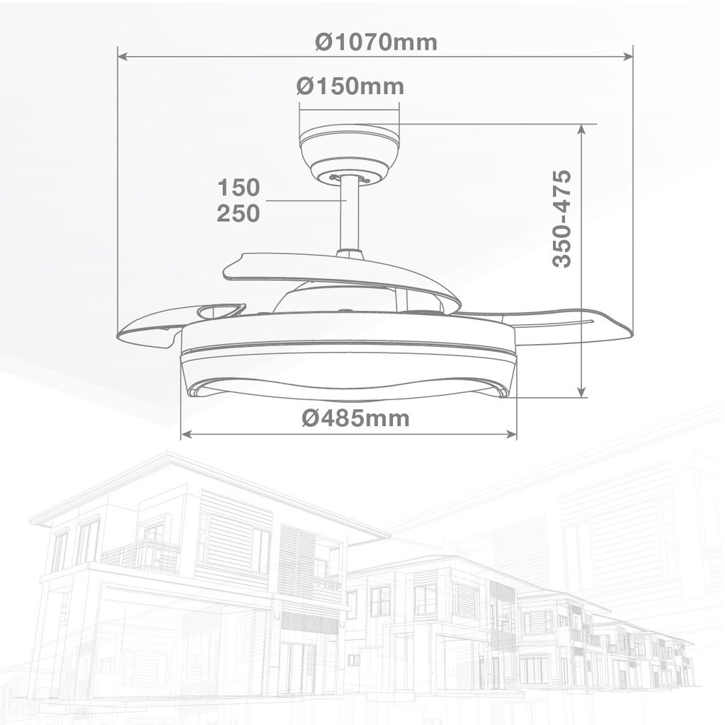 Ventilador techo Nicosia con luz CCT regulable y mando Ø107 3 aspas retráctiles DC Níquel