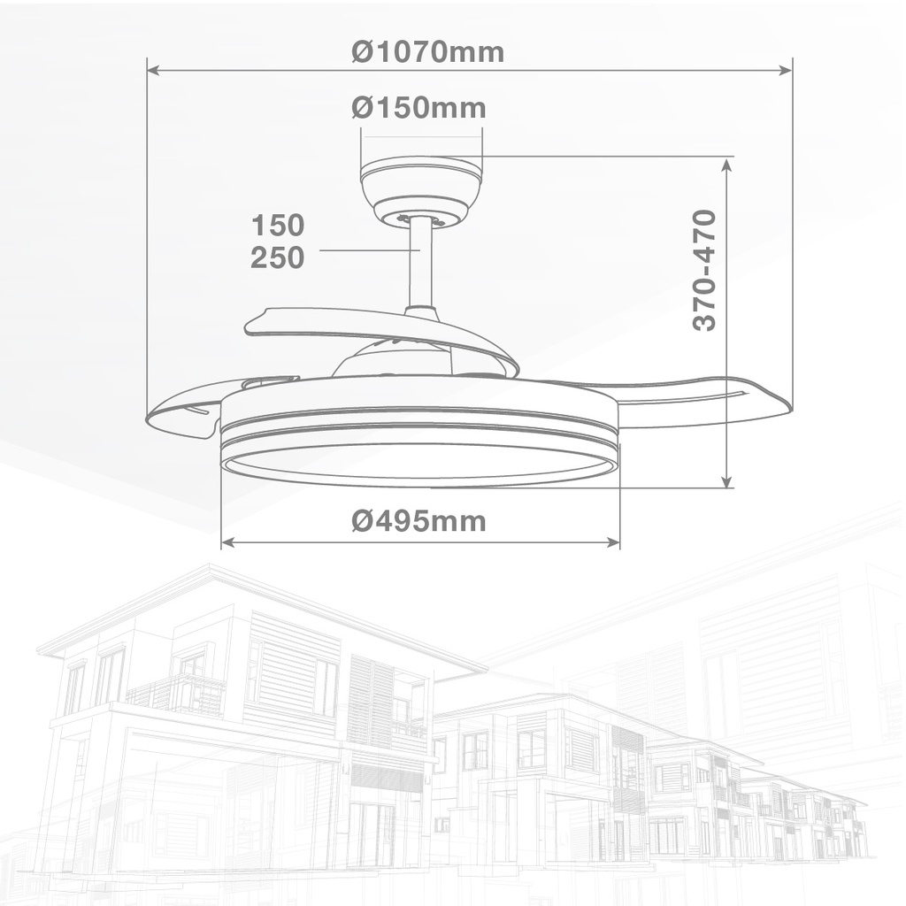 Ventilador techo Oliveri con luz CCT regulable y mando Ø107 3 aspas retráctiles DC Blanco