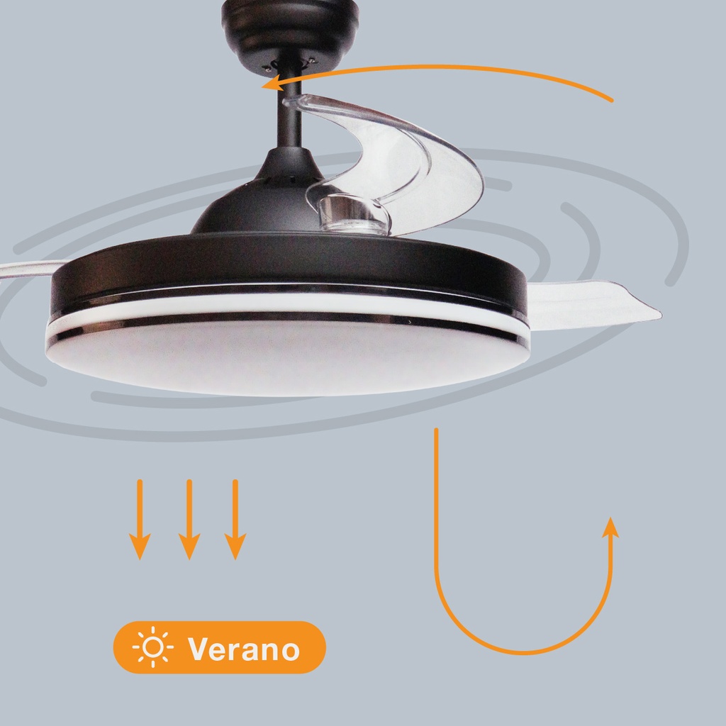 Ventilador techo Oliveri con luz CCT regulable y mando Ø107 3 aspas retráctiles DC Negro