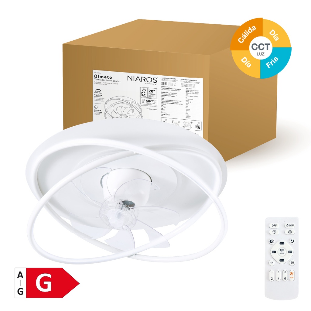 Ventilador techo rotativo Olmeto con luz CCT regulable y mando Ø50 7 aspas DC Blanco