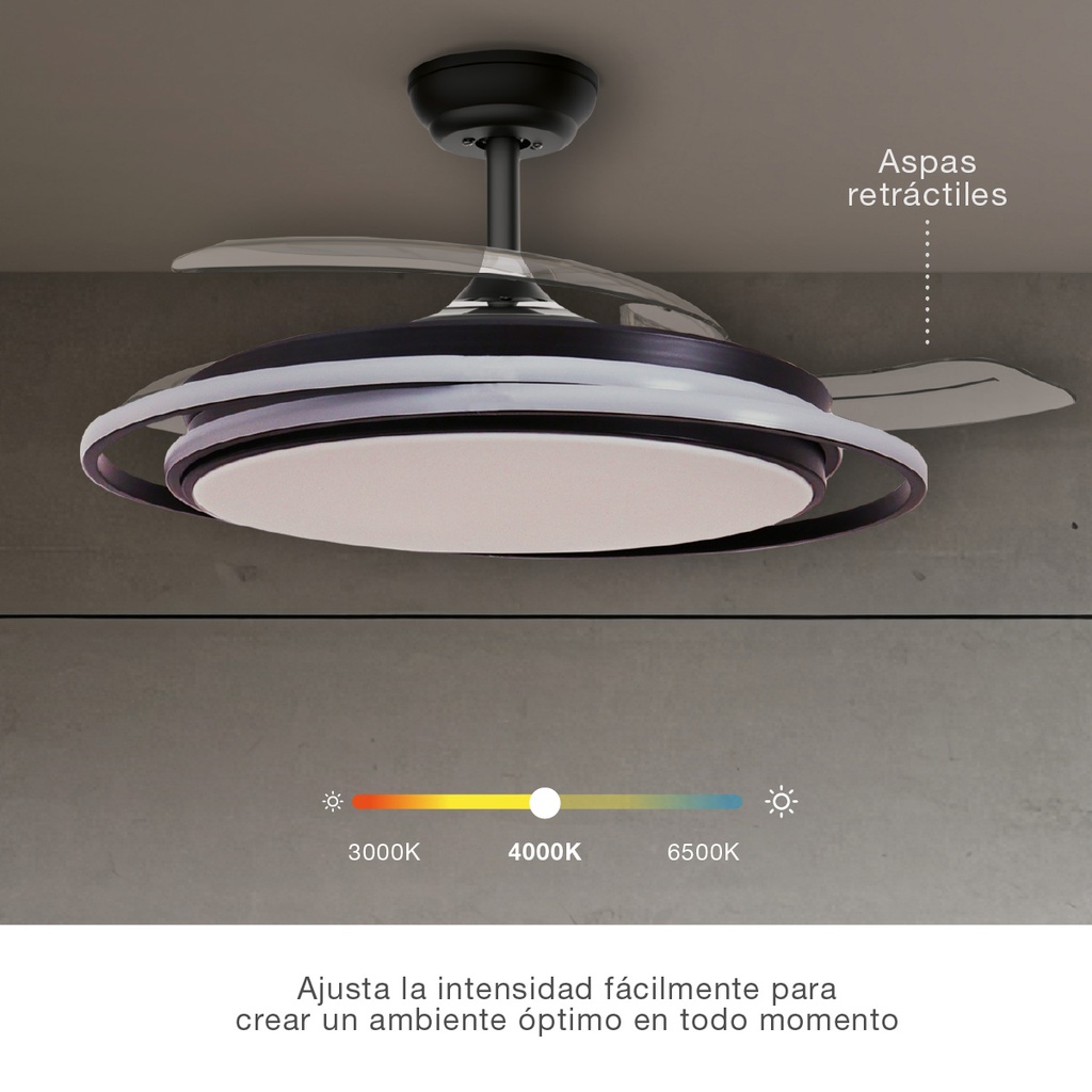 Ventilador techo Bauala con luz CCT regulable y mando Ø107 3 aspas retráctiles DC Negro