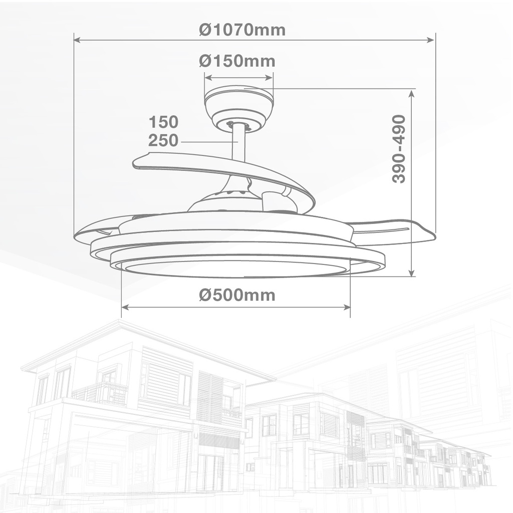 Ventilador techo Bauala con luz CCT regulable y mando Ø107 3 aspas retráctiles DC Negro