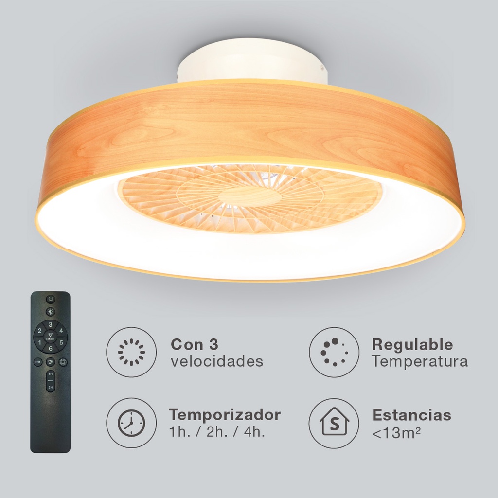 Ventilador techo Box Fan Niskot con luz CCT regulable y mando Ø57 Efecto madera