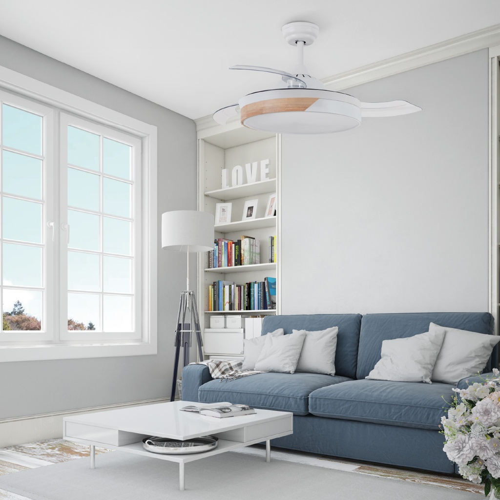 Ventilador techo Likasi con luz CCT regulable y mando Ø107 3 aspas retráctiles DC Blanco