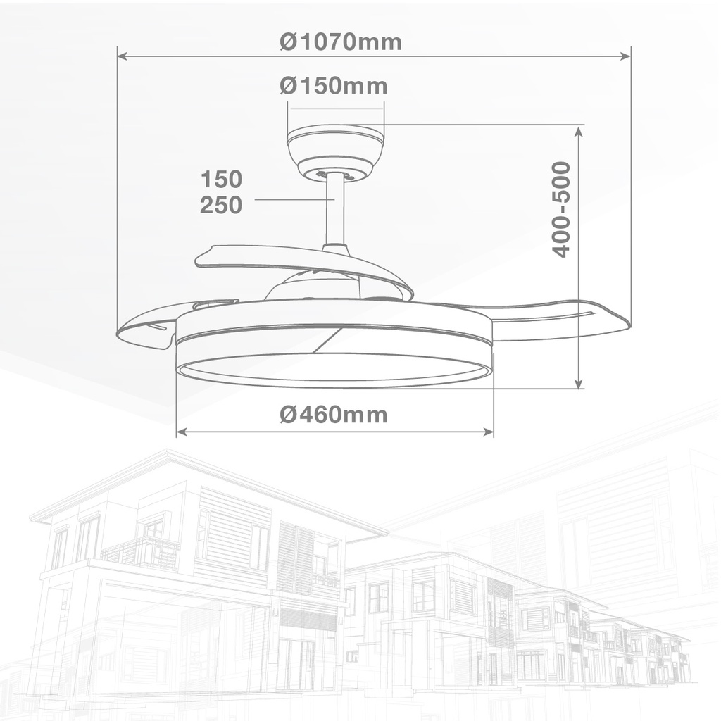 Ventilador techo Likasi con luz CCT regulable y mando Ø107 3 aspas retráctiles DC Blanco