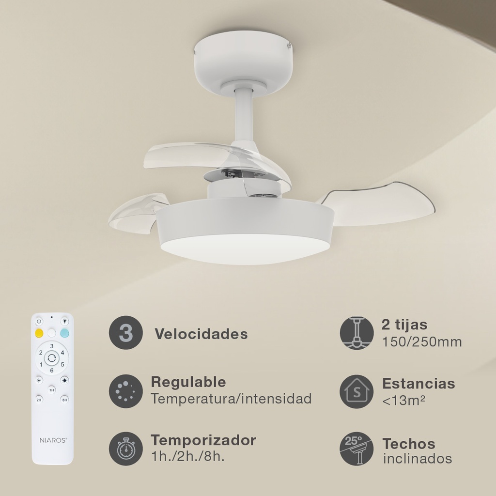 Ventilador techo Nacala con luz CCT regulable y mando Ø55 3 aspas retráctiles DC Blanco