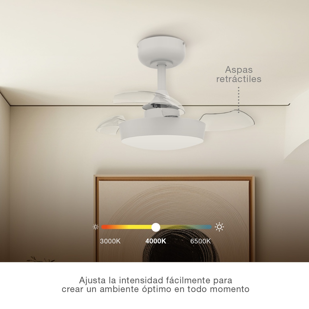 Ventilador techo Nacala con luz CCT regulable y mando Ø55 3 aspas retráctiles DC Blanco