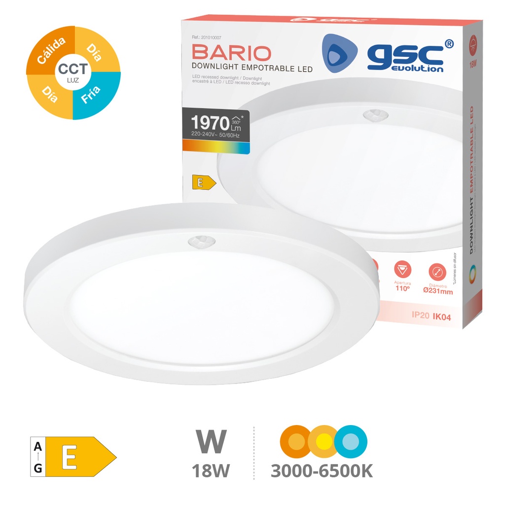 Downlight LED Bario empotramiento regulable con sensor movimiento y crepuscular 18W 3000K a 6500K regulable