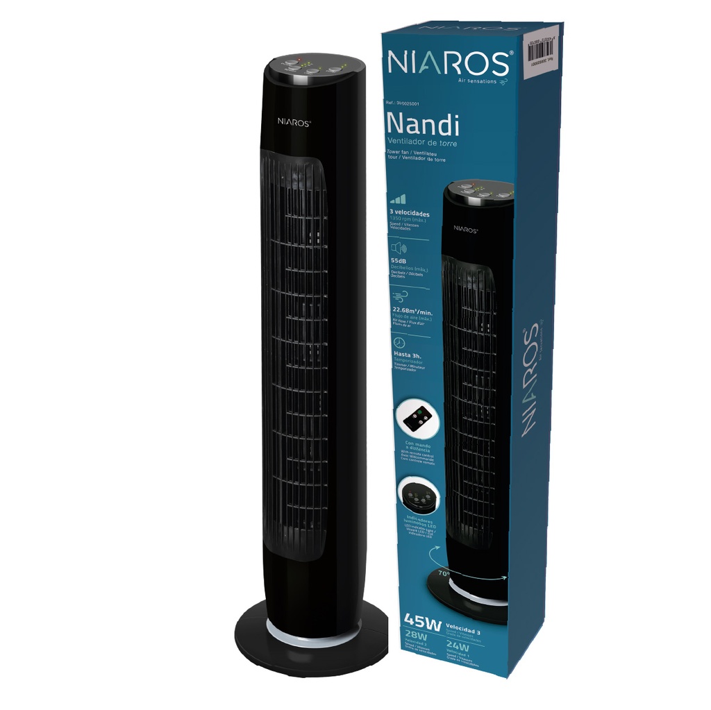 Ventilador de torre Nandi con mando 45W Negro