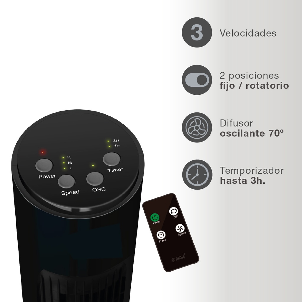 Ventilador de torre Nandi con mando 45W Negro