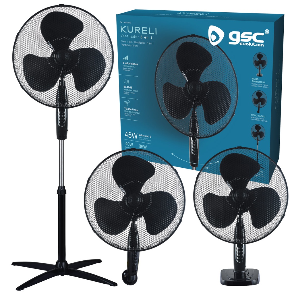 Ventilador Kureli 3 en 1 (sobremesa, pared y pie) Ø43cm 45W Negro