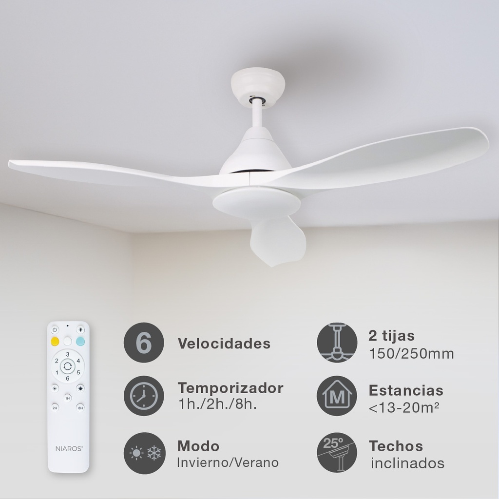 Ventilador techo Luma con luz CCT regulable y mando Ø117 3 aspas DC Blanco