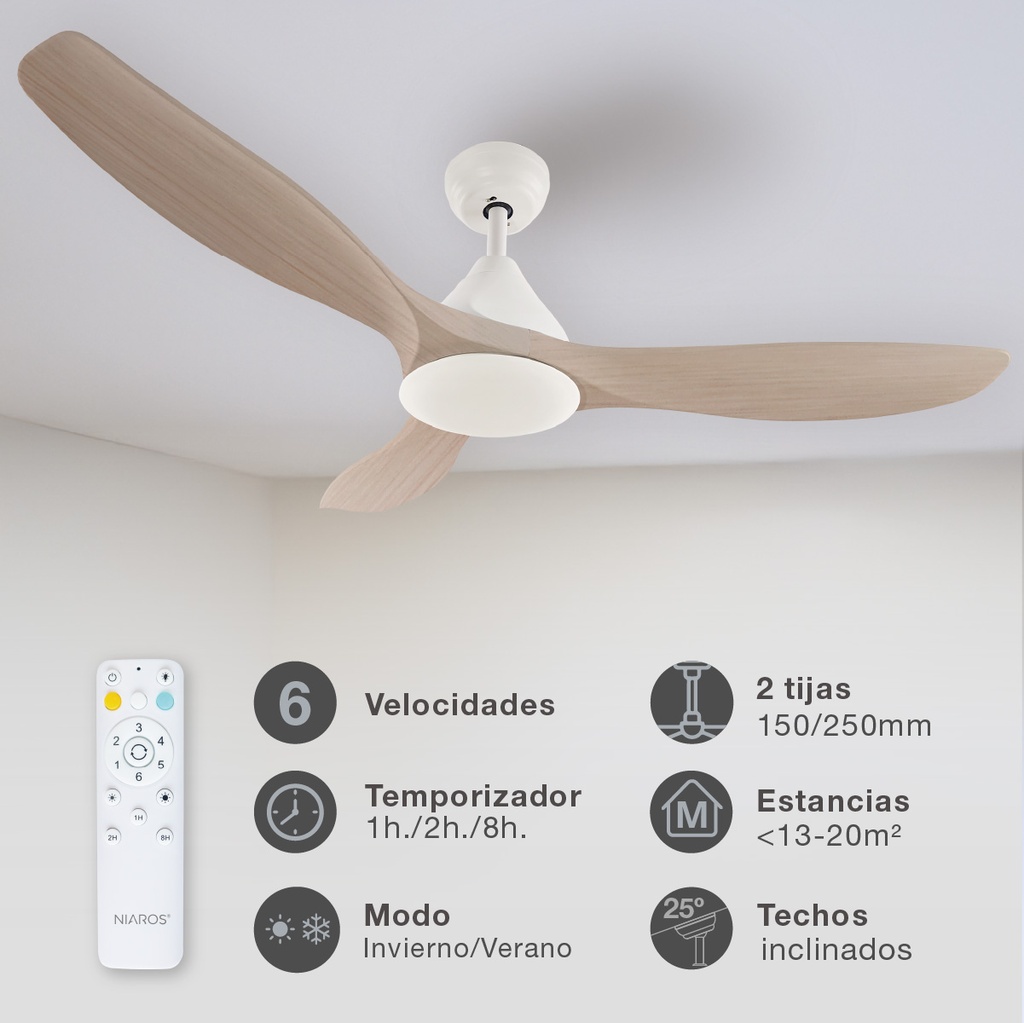 Ventilador techo Luma con luz CCT regulable y mando Ø117 3 aspas DC Blanco