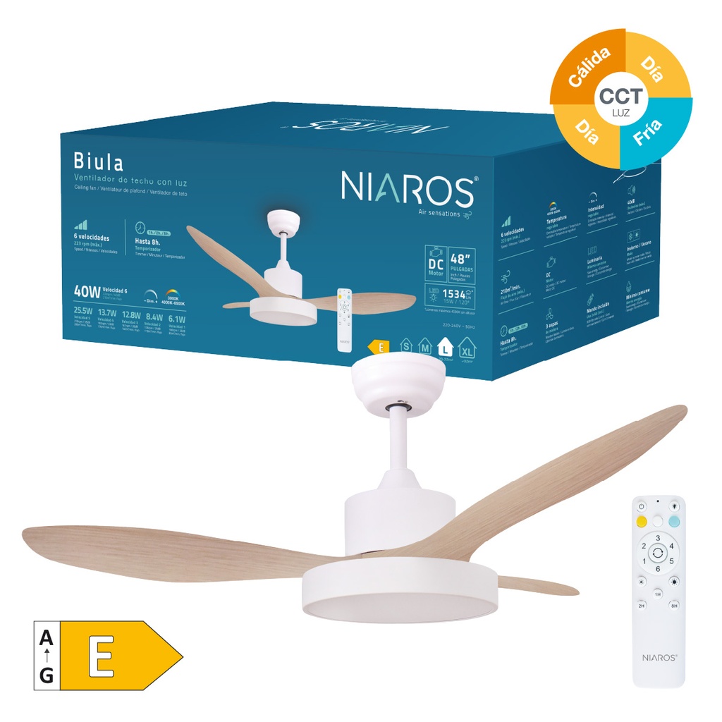 Ventilador techo Biula con luz CCT regulable y mando Ø122 3 aspas DC Blanco