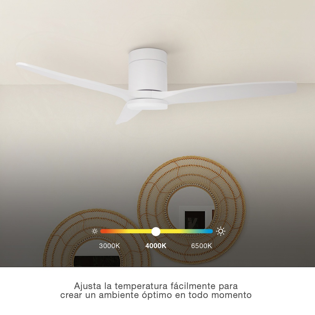 Ventilador techo inteligente Kasama con luz CCT regulable y mando Ø132 3 aspas DC Blanco