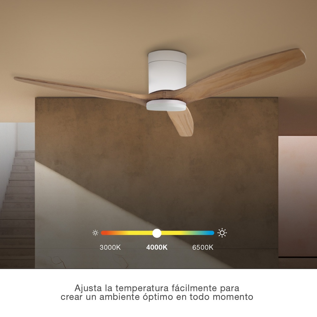 Ventilador techo inteligente Kasama con luz CCT regulable y mando Ø132 3 aspas DC Blanco