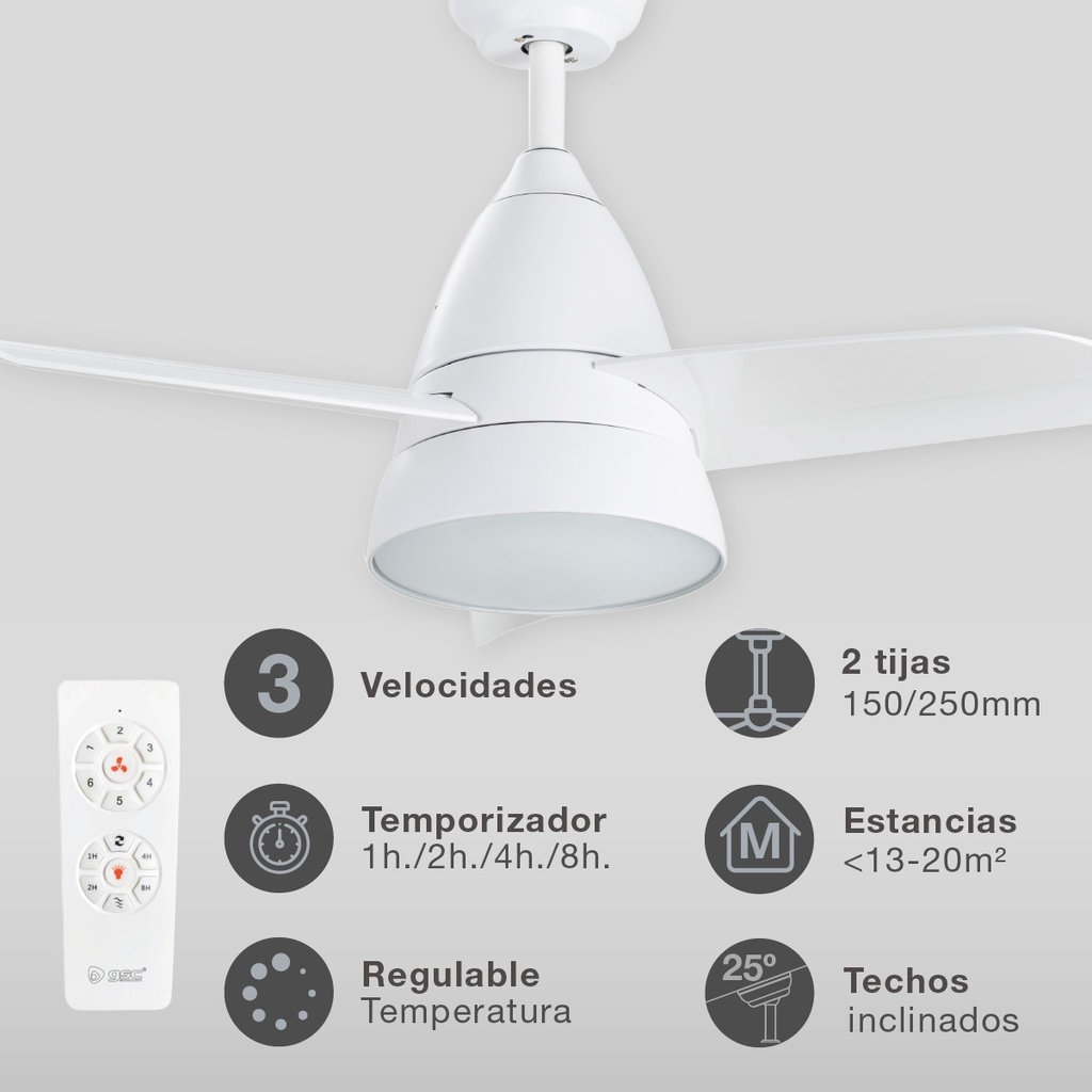 Ventilador techo Kidau con luz CCT regulable y mando Ø93 3 aspas Blanco