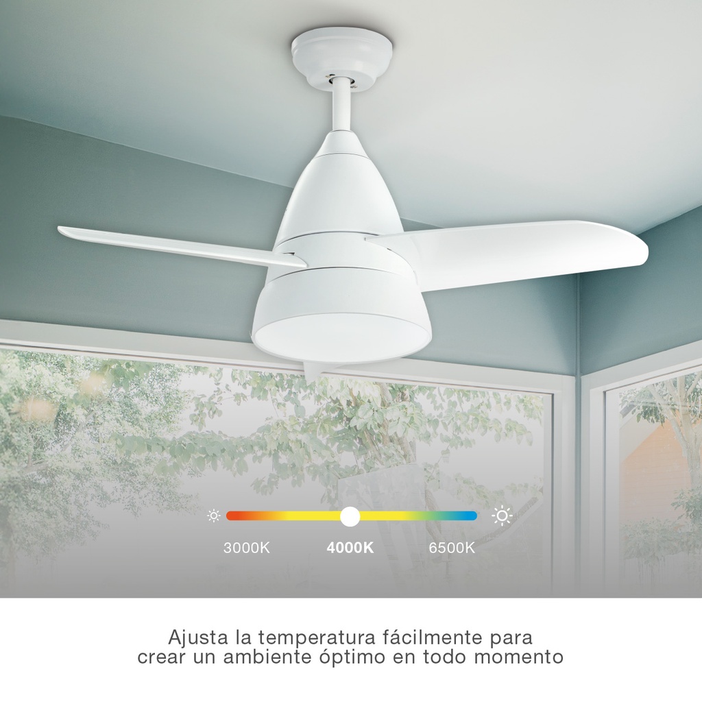 Ventilador techo Kidau con luz CCT regulable y mando Ø93 3 aspas Blanco