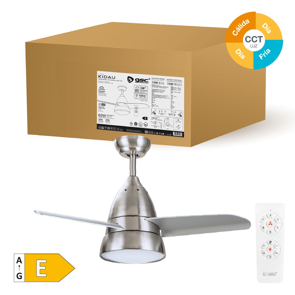 Ventilador techo Kidau con luz CCT regulable y mando Ø93 3 aspas Níquel