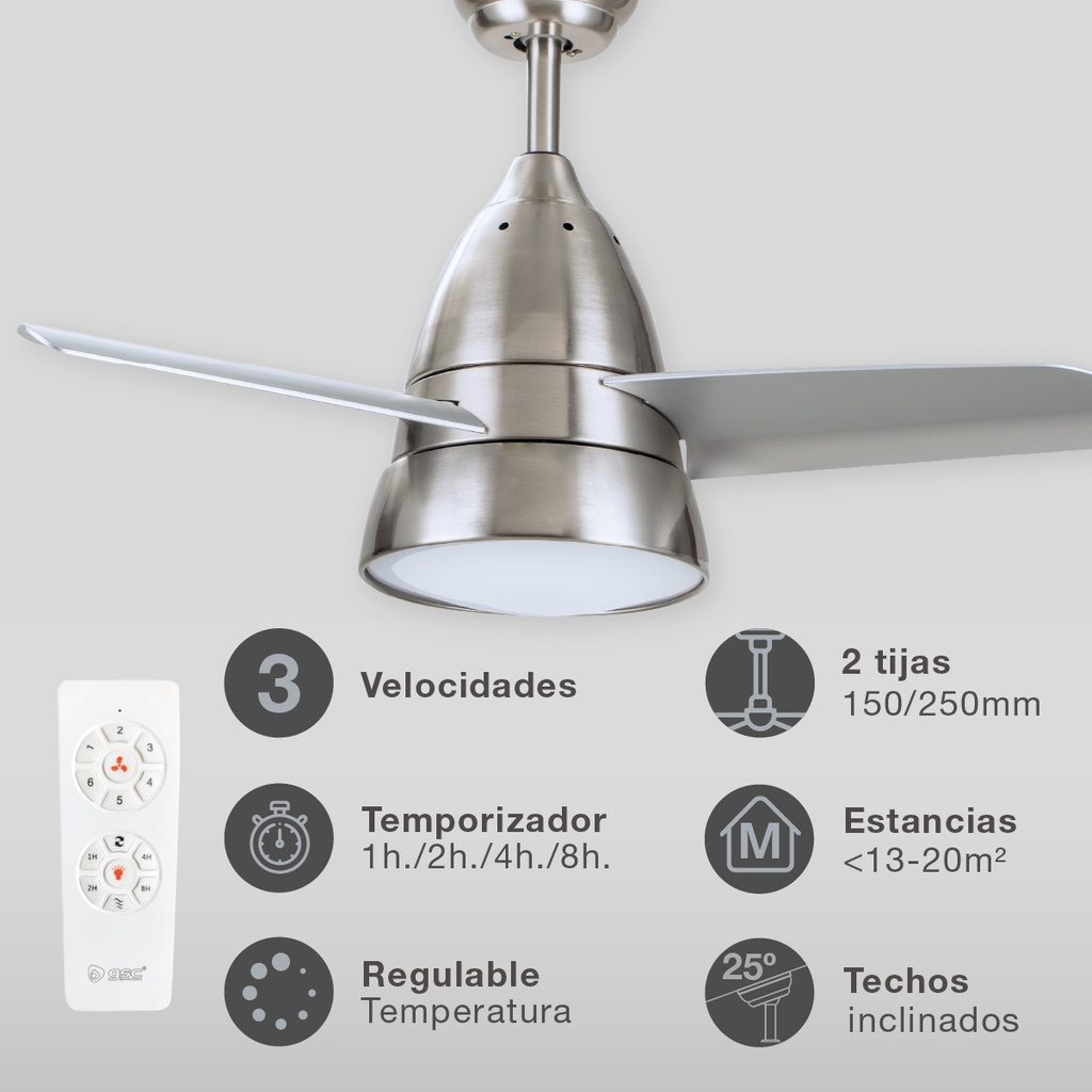 Ventilador techo Kidau con luz CCT regulable y mando Ø93 3 aspas Níquel