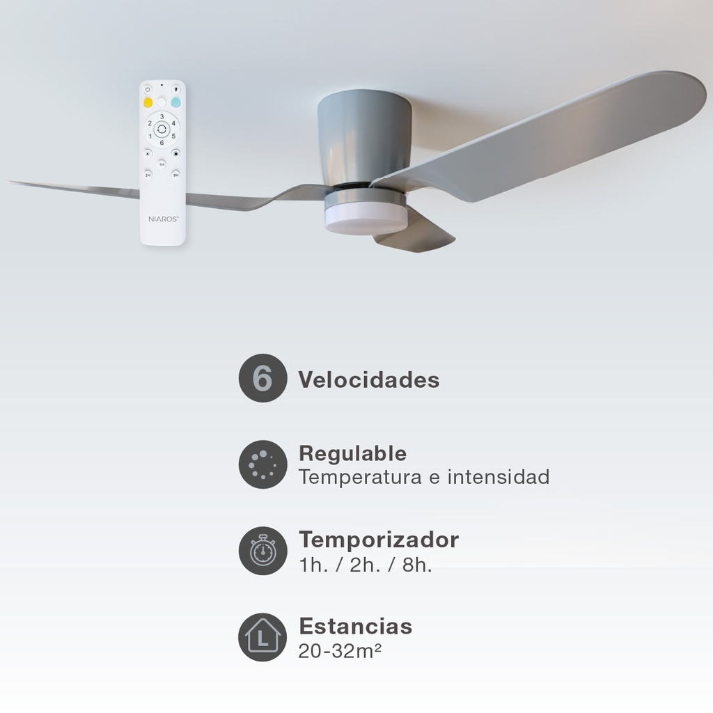 Ventilador techo Solesia con luz CCT regulable y mando Ø132 3 aspas DC Gris