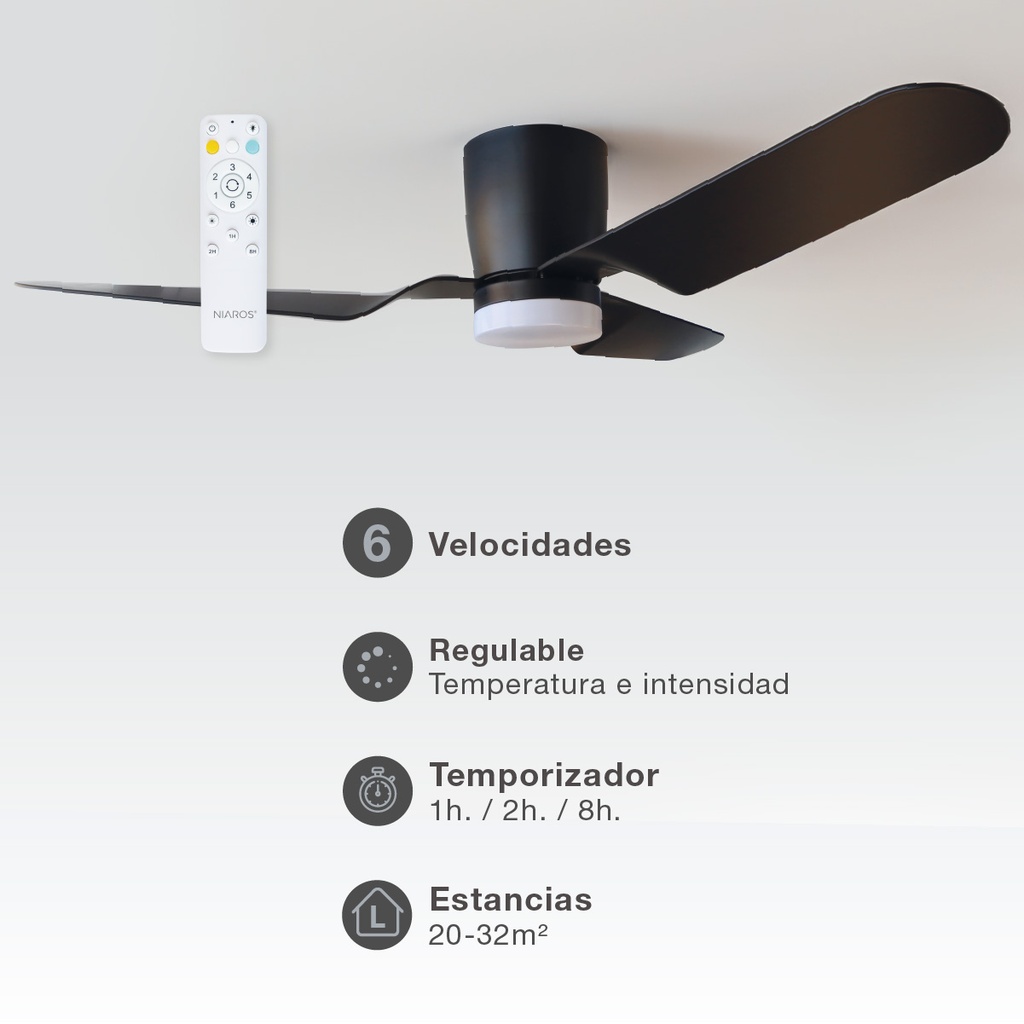 Ventilador techo Solesia con luz CCT regulable y mando Ø132 3 aspas DC Negro