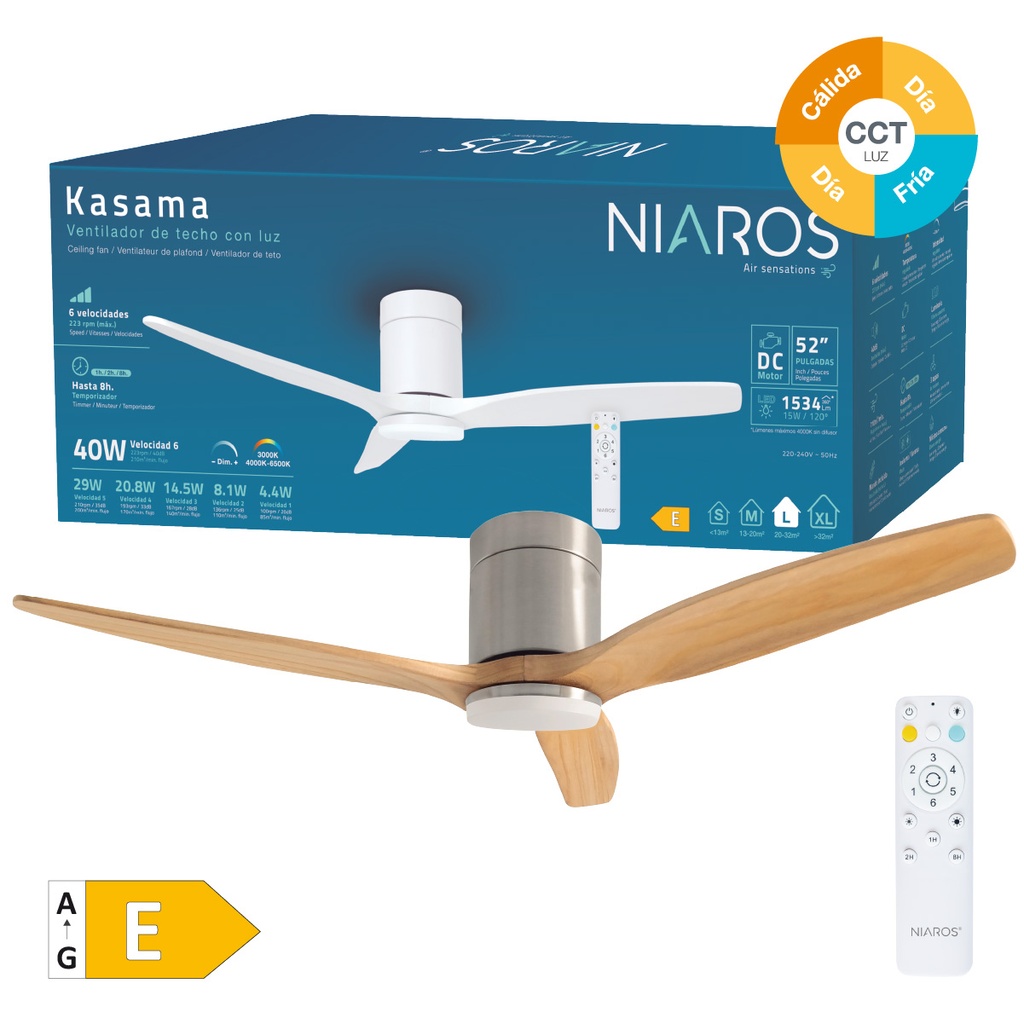 Ventilador techo Kasama con luz CCT regulable y mando Ø132 3 aspas DC Níquel