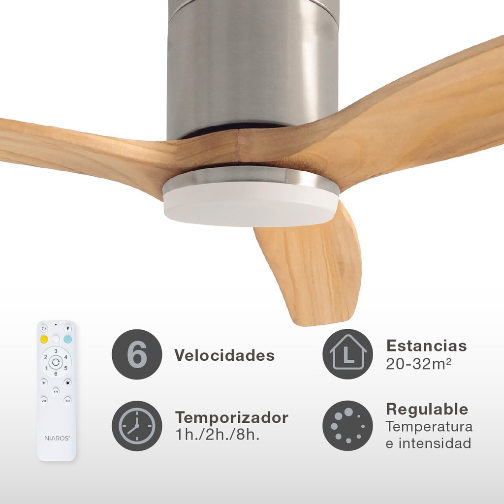 Ventilador techo Kasama con luz CCT regulable y mando Ø132 3 aspas DC Níquel