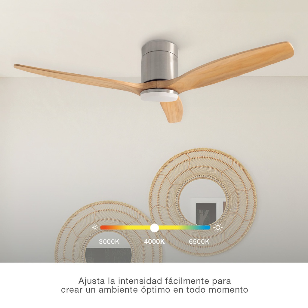 Ventilador techo Kasama con luz CCT regulable y mando Ø132 3 aspas DC Níquel