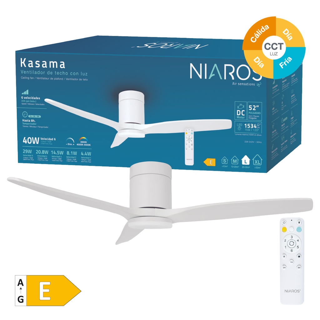 Ventilador techo Kasama con luz CCT regulable y mando Ø132 3 aspas DC Blanco