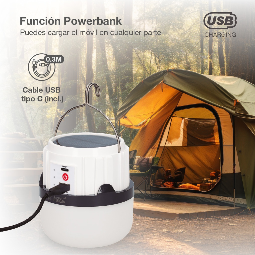 Linterna solar LED camping recargable USB powerbank 300lm