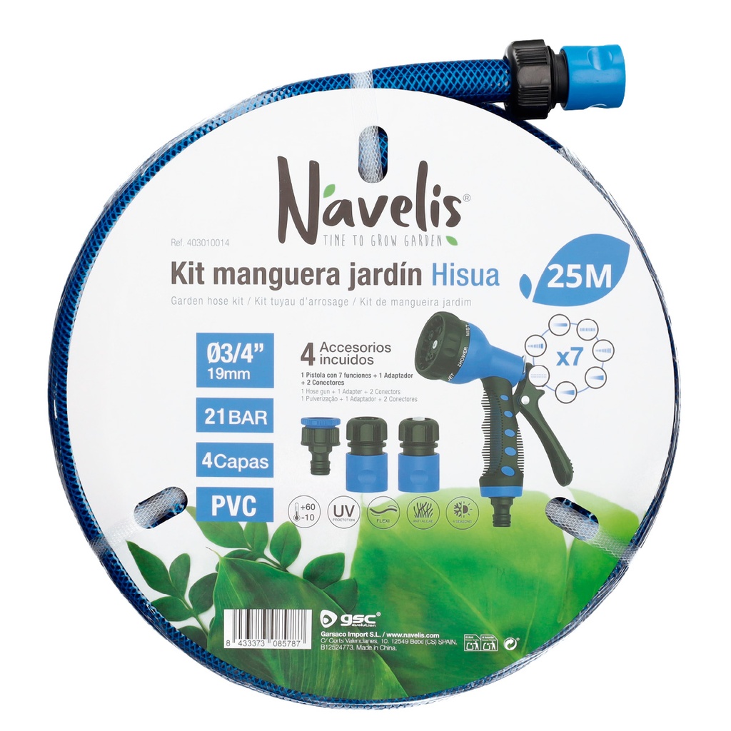 Kit manguera jardín Hisua Ø3/4" 19mm 25M