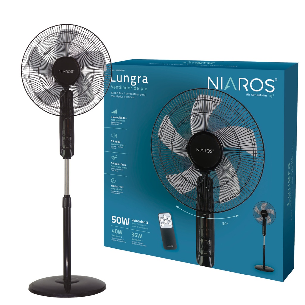 Ventilador de pie Lungra con mando y temporizador Ø43cm 50W Negro