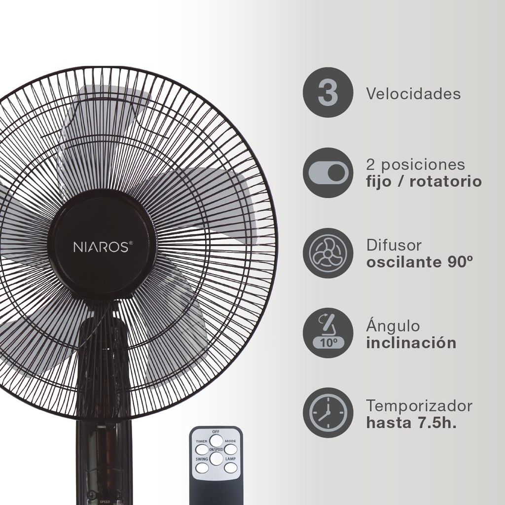 Ventilador de pie Lungra con mando y temporizador Ø43cm 50W Negro