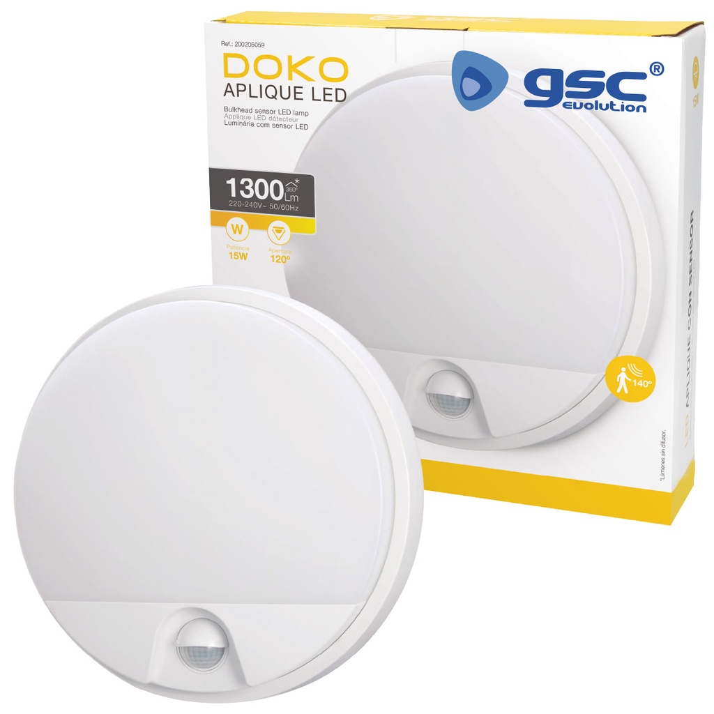 Aplique pared redondo LED Doko con sensor movimiento 15W 4000K Blanco