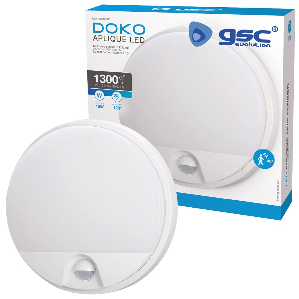 Aplique pared redondo LED Doko con sensor movimiento 15W 6000K Blanco