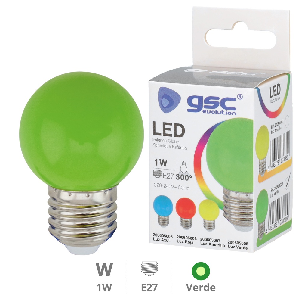 Bombilla LED esférica 1W E27 Verde