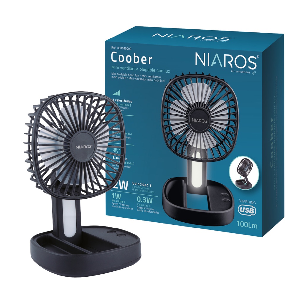 Mini ventilador de mano plegable Coober con luz USB recargable Negro