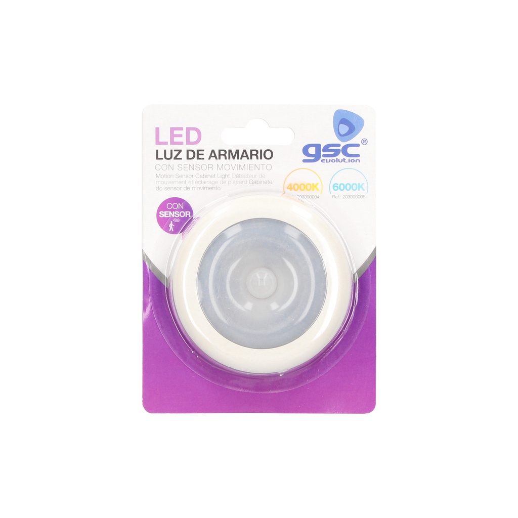 Luz de armario LED redonda con sensor de movimiento 0,5W 4000K