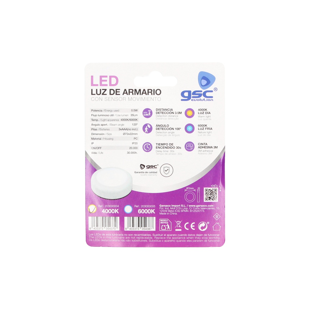 Luz de armario LED redonda con sensor de movimiento 0,5W 4000K