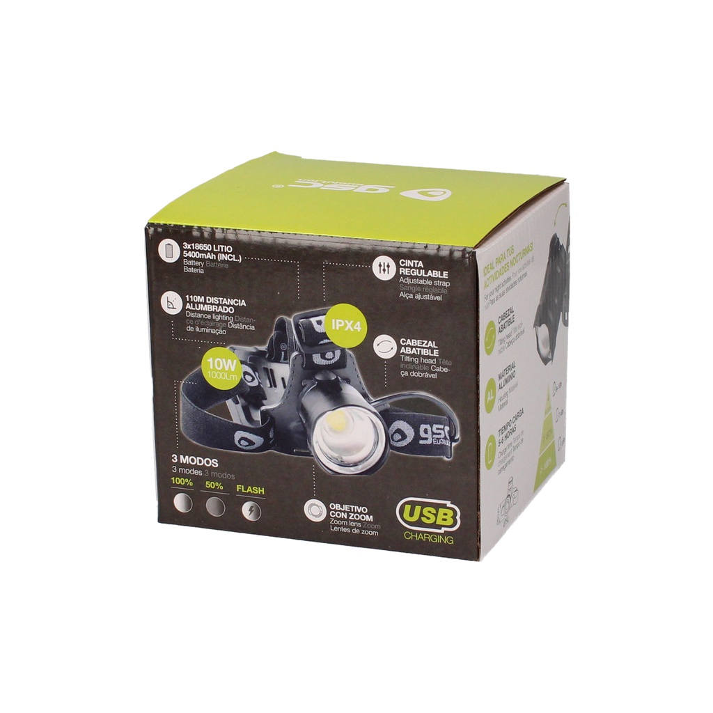 Linterna de cabeza LED con zoom recargable USB 1000lm