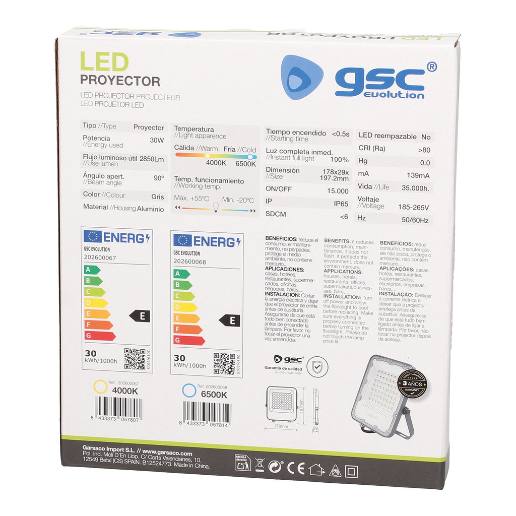 Proyector aluminio LED 30W 4000K IP65 Gris