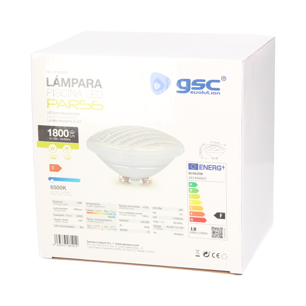 Lámpara LED piscina PAR56 18W GX53 6500K