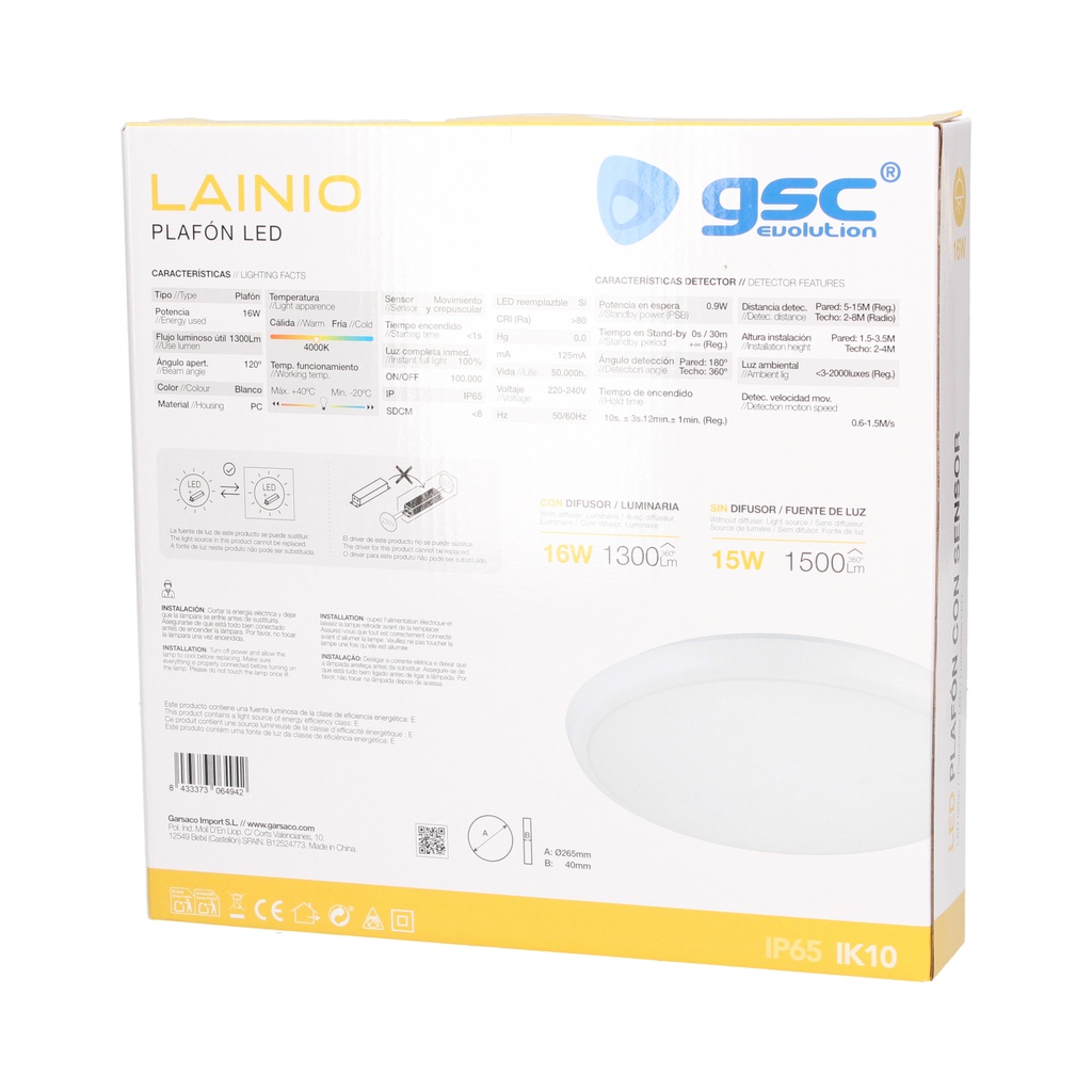 Plafón LED Lainio con sensor movimiento y crepuscular + stand-by 16W 4000K