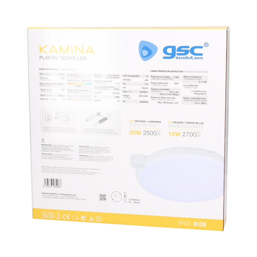 Plafón techo LED Kamina con sensor movimiento y crepuscular 20W 4000K