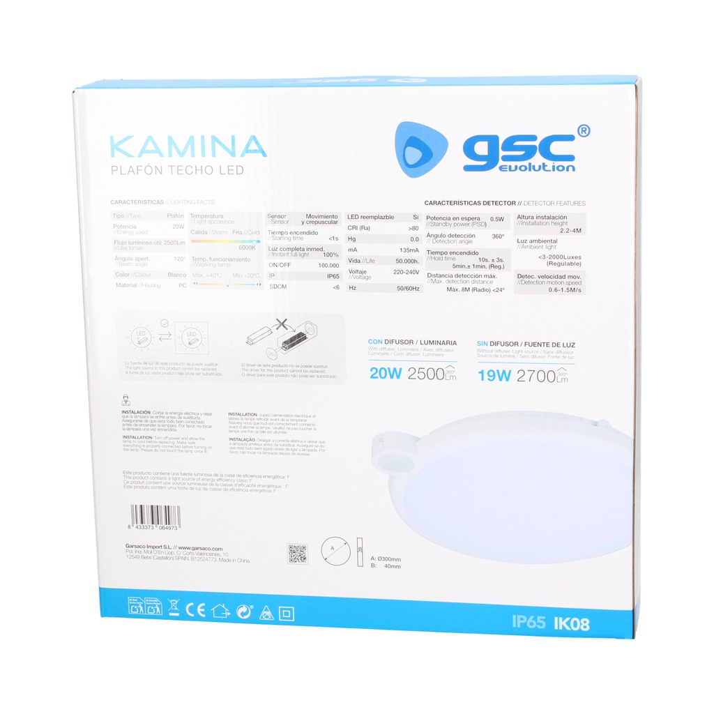 Plafón techo LED Kamina con sensor movimiento y crepuscular 20W 6000K